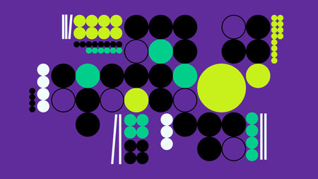 Bold black, green, yellow, and white dots arranged in a clustered style over deep purple, showing...