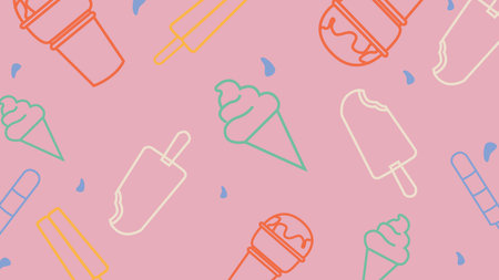 Pink background with line art illustrations of cones, popsicles, cups, and icy desserts in bright...