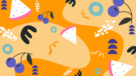 Bright orange layout with blueberries, watermelon slices, rings, and abstract elements. A lively...