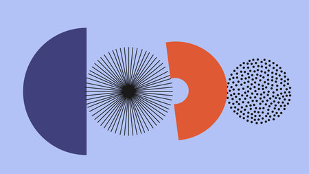 Abstract composition with radial bursts, dots, and semi-circles on a cool background. Perfect for...