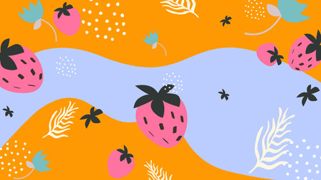 Large strawberries and soft florals on a bright orange and baby blue backdrop. A Vibrant and Playful...
