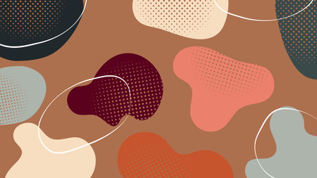 Abstract blob composition in warm brown and peach tones with halftone shading and floating lines....