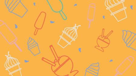 Yellow background with outlined popsicles, cones, sundae cups, and dessert elements in bold pastel...