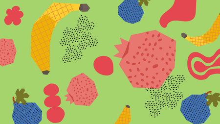 Abstract fruits like strawberries, blueberries, and pomegranates on a soft peachy background....