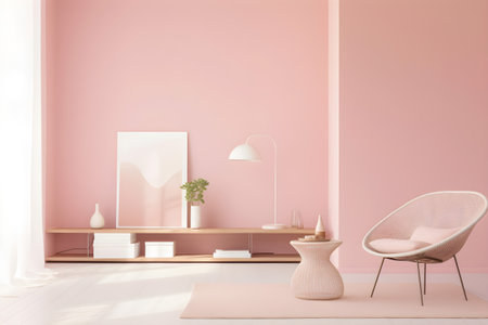 Pink living room interior with armchair, coffee table and bookshelf, 3D rendering.の素材