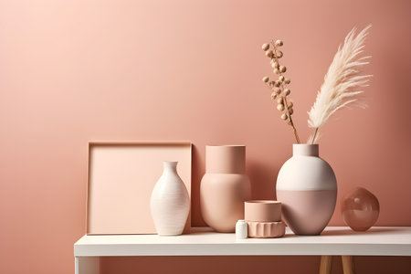 Modern interior of a room with ceramic vase and decorations on a white shelf, 3d rendering, AI Generated.の素材