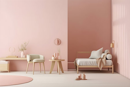 Minimal pink color living room interior with armchair, wooden coffee table and sofa, 3d rendering, AI Generated.の素材