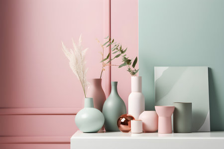 Interior of a modern room with pastel pink and green color palette, plants in ceramic vases on shelf, art frame, 3d rendering, AI Generated.の素材