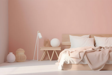 Minimal style interior of a modern bedroom with pink wall, bed, and lamp, 3d rendering, AI Generated.の素材