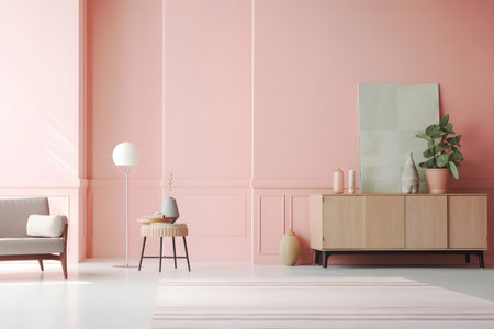 Minimalistic living room interior with pink walls, comfortable sofa, art frame and vase on wooden console table, 3d rendering, AI Generated.の素材