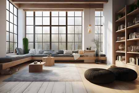 Interior of cozy modern living room with comfortable sofa, wooden bookcase, coffee table, white walls, wooden ceiling and floor, 3D rendering, AI Generated.の素材