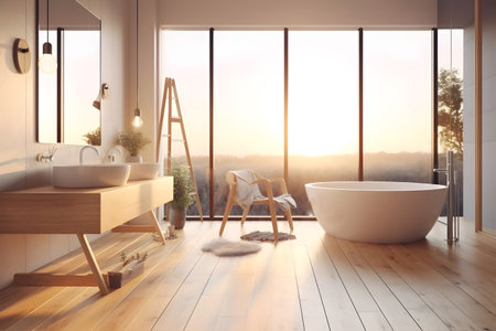 Modern bathroom interior with white walls, wooden counter top, white bathtub, armchair and large panoramic window with sunset view, 3d rendering, AI Generated.の素材