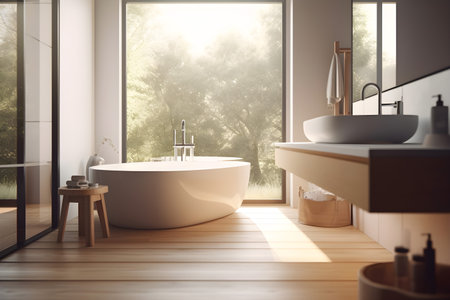 Interior of bright modern bathroom with white walls, wooden floor, white bathtub, large window with nature background, 3d rendering, AI Generated.の素材