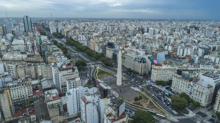Aerial view of Obelisk of Buenos Aires (Obelisk), historic monument, in the Plaza de la Republica at avenues 9 de Julio, Buenos Aires - Argentina.の写真素材