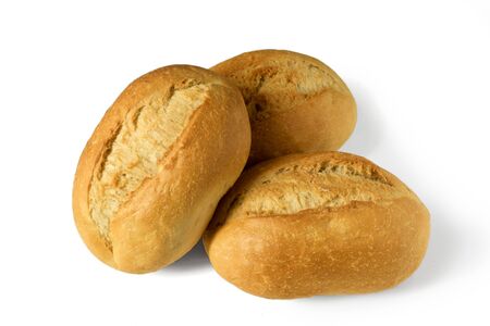 Three small bread rolls, brÃ¶tchen - German breakfast rolls - isolated on white backgroundの写真素材