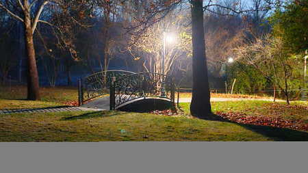 Autumn park with a bridge and lanternsの写真素材