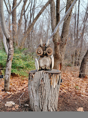 Wooden owl on a tree stump in the forest. Halloween concept.の写真素材