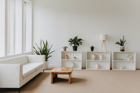 Interior of living room with white sofa, bookshelf and coffee tableの素材