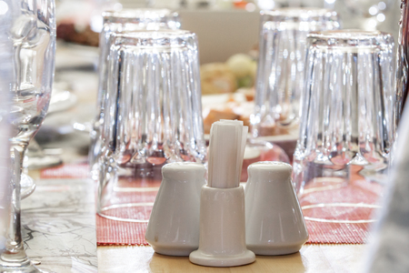 A Salt-cellar, pepper-pot  toothpicks on banquet tableの写真素材