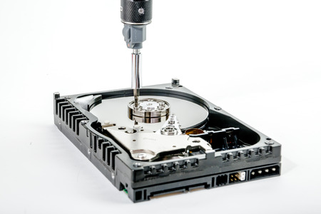 Cropped screwdriver unscrews the clamp of the engine of the open 3.5 inch HDD. Isolated on white background.の写真素材