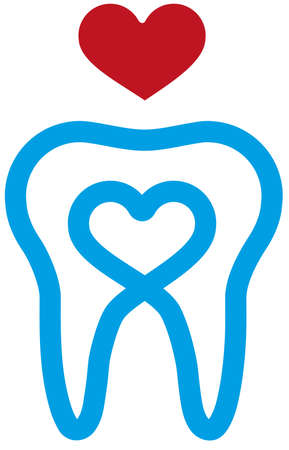 Tooth and heart drawn one blue line and a red heart aboveのイラスト素材
