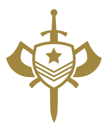 Sign composed of a sword and two crossed axes, in front a shield with a starのイラスト素材