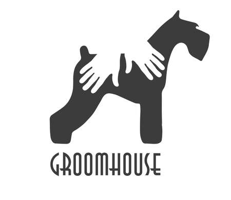 Logo of a groomhose. Dog's silhouette with human palmsのイラスト素材