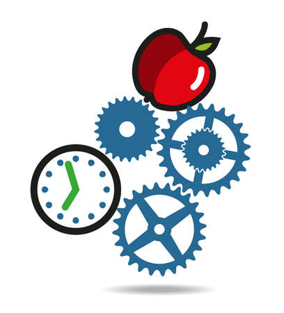 Clock, apple and gears pyramid. Technology, time and food.のイラスト素材