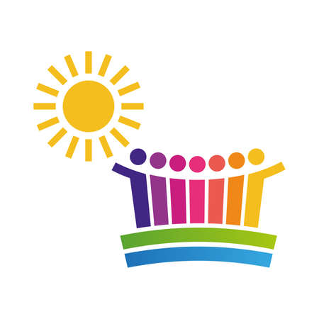 A group of colorful eco people with the sun over themのイラスト素材