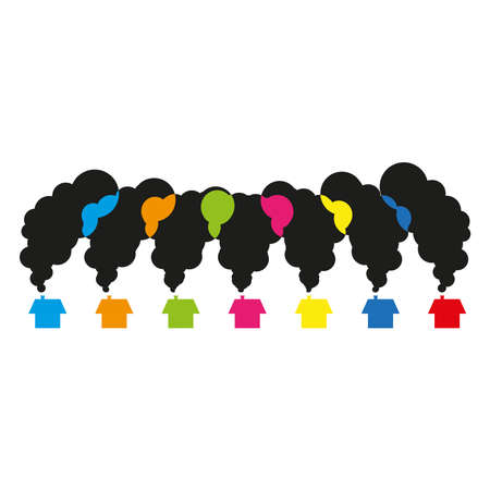 Smoke with colored spots rising from the chimneys of colorful houses. Poisoning the environment. Pollution.のイラスト素材