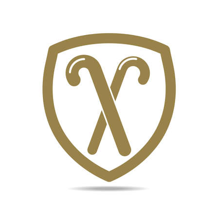 Golden shield with crossed golden walking sticks.のイラスト素材