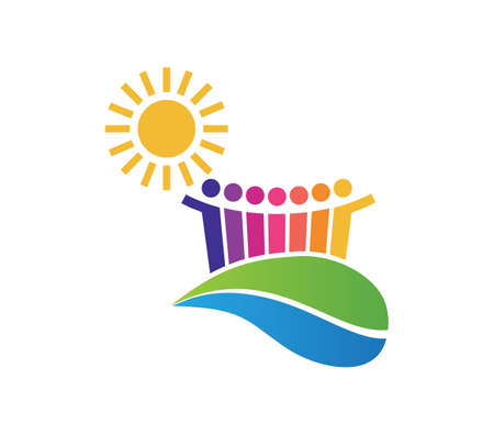 Group of colorful stylized people with the sun over them and the leaf beneathのイラスト素材