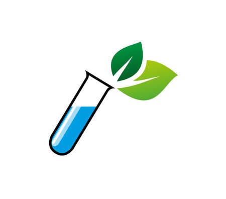 Laboratory test tube with blue liquid and leaves. Chemistry with ecologyのイラスト素材