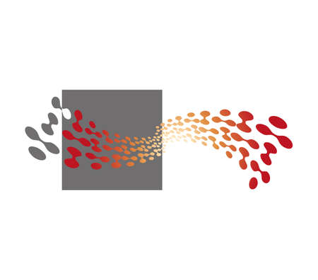 Red dots and pairs of connected dots arranged in the shape of a scarf waving in the wind and a gray square in backgroundのイラスト素材