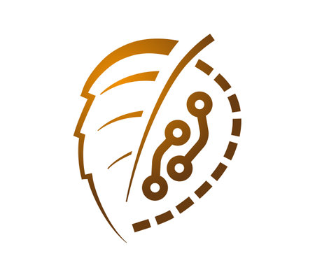 Golden leaf shape composed of half natural leaf and half electronic circuit boardのイラスト素材