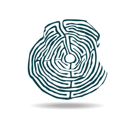 Round gray maze. Labyrinth on a wrinkled and crumpled piece of paperのイラスト素材