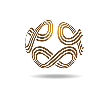 Three Mobius loops each made of three golden lines. Infinity symbols drawn on a sphere