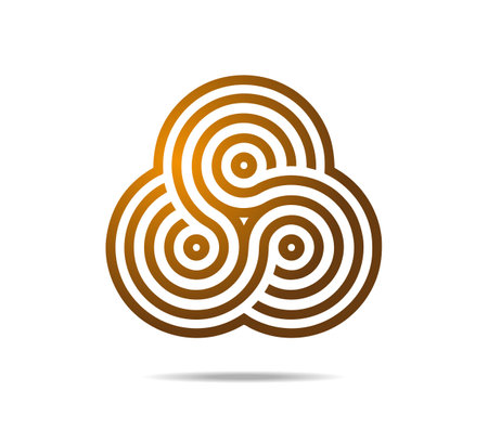 Golden Mobius loop made of three arches. Labyrinth made of three concentric circles with many lines. A maze made of infinity loopのイラスト素材