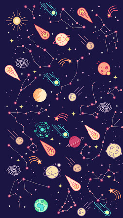 pattern on the theme of space. space ships and a set of various planets, stars and asteroids