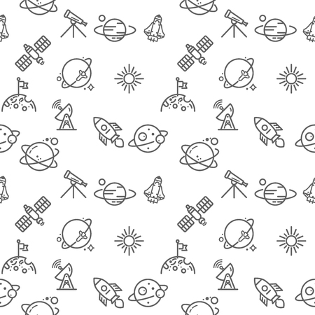 Space Icons seamless pattern gray vector on white background. Collection of sun, planet, galaxy, universe, solar. Template for design fabric, backgrounds, wrapping paper.のイラスト素材