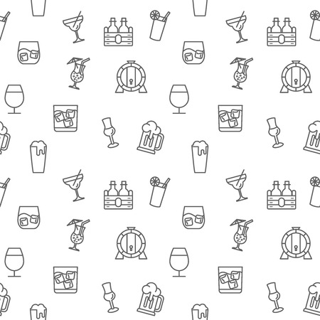 Drink icons seamless pattern gray vector on white background. Collection of beer, wine, bottle, cocktail, oak barrel. Template for design fabric, backgrounds, wrapping paper.のイラスト素材