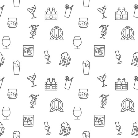 Drink icons seamless pattern gray vector on white background. Collection of beer, wine, bottle, cocktail, oak barrel. Template for design fabric, backgrounds, wrapping paper.の素材 [FY310125415142]