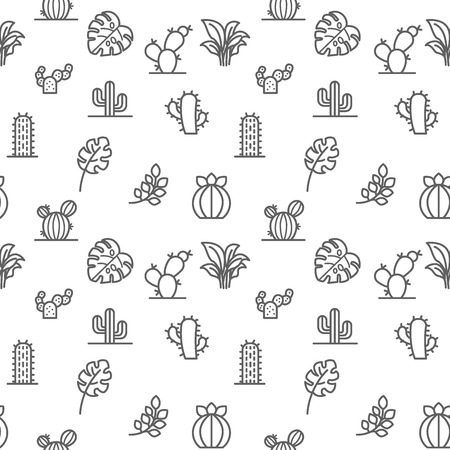 Plant icons seamless pattern gray vector on white background. Collection of cactus, cacti, monstera, bough, leaf. Template for design fabric, backgrounds, wrapping paper.のイラスト素材