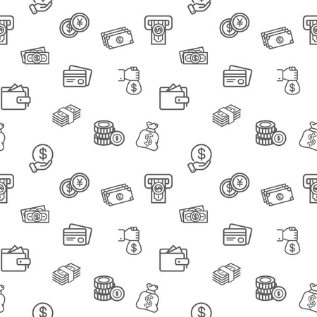 Finance icons seamless pattern gray on white background. Collection of cash, wallet, credit card, money, money bag. Template for design fabric, backgrounds, wrapping paper.のイラスト素材