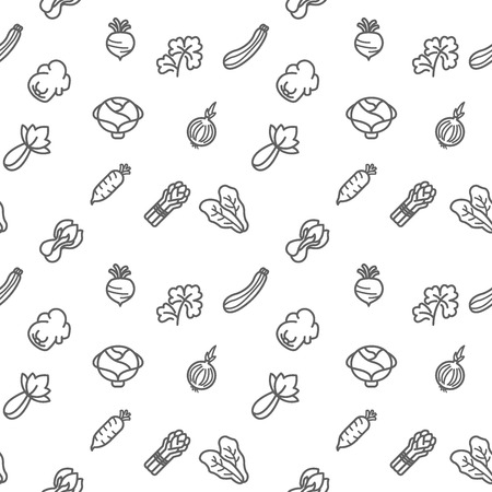 Vegetable icons seamless pattern gray vector on white background. Collection of zucchini, asparagus, Pak Choi, parsley, Chinese cabbage. Template for design fabric, backgrounds, wrappingのイラスト素材