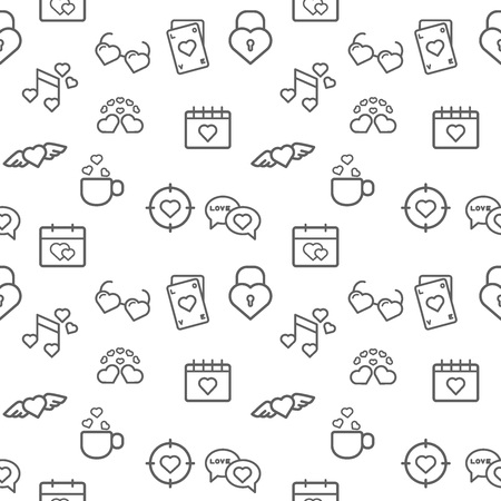 Love icons seamless pattern gray on white background. Collection of locks, heart shape, heart, sunglasses, musical note, And Other Elements.のイラスト素材