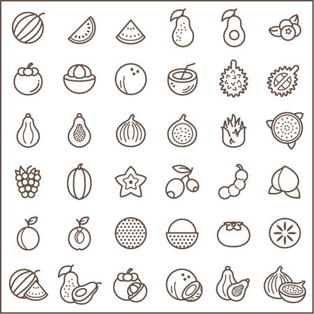 Set of fruits and vegetables icons Icons line style. Contains such Icons as fig, papaya, coconut, mangosteen, avocado, peach, watermelon, lychee And Other Elements.のイラスト素材
