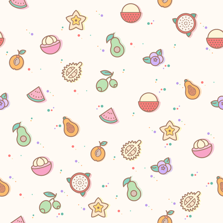 colorful fruit seamless pattern. Collection of durian, lychee, avocado, mangosteen, plum. Template for design fabric, backgrounds, wrapping paper.のイラスト素材