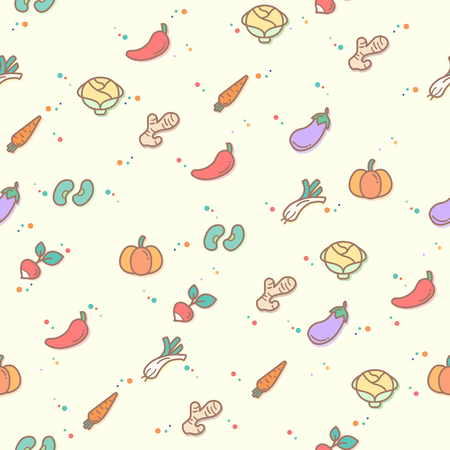 colorful vegetable and vegetarian food seamless pattern. Collection Of Eggplant, aubergine, cabbage, carrot, chili. Template for design fabric, backgrounds, wrapping paper.のイラスト素材