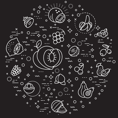 fruits line illustration. Modern style line drawing and background color black. Template for design fabric, backgrounds, wrapping paper.のイラスト素材